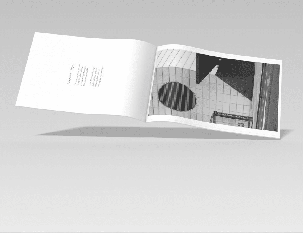 Open Lenâpa spread floating over a soft grey background, showing poem text and a black-and-white photograph.